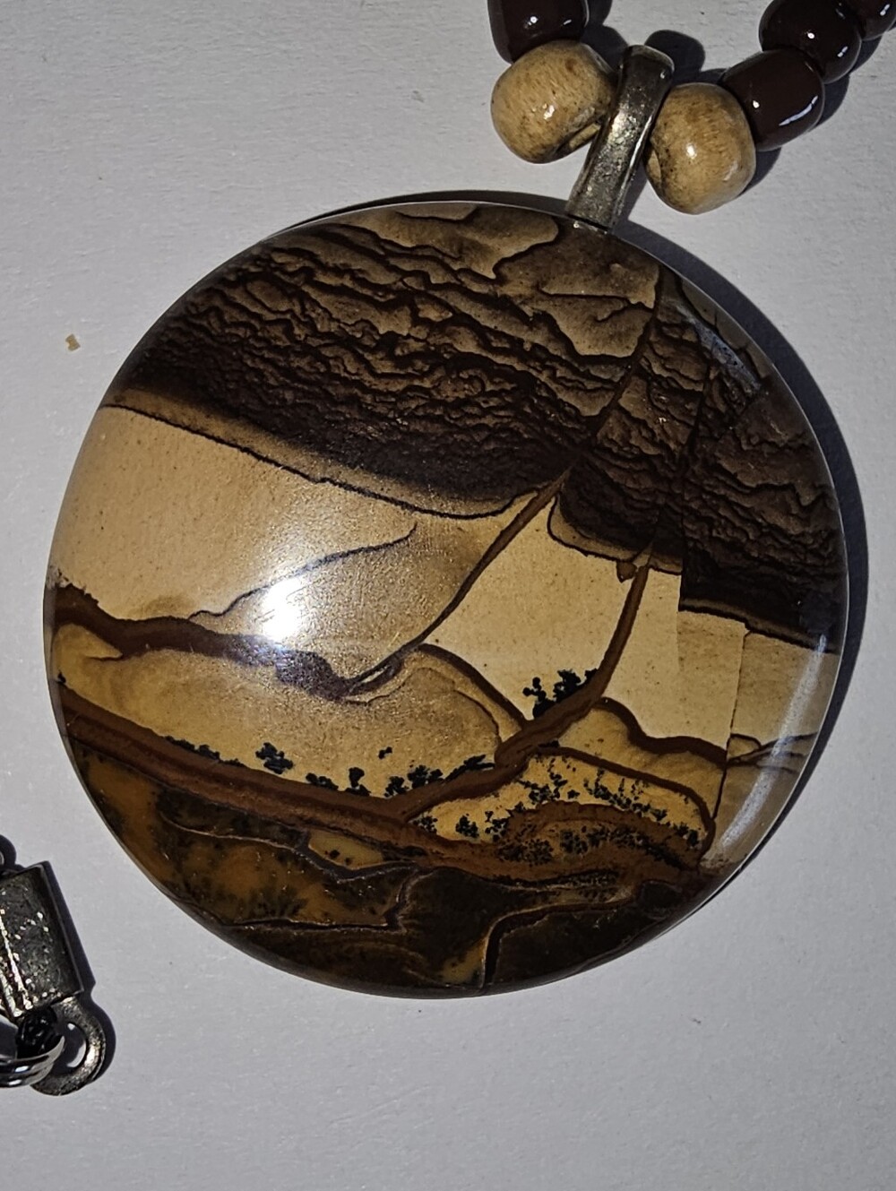 Vintage Picture Jasper Pendant Necklace African Batik Bone Beads Scenic Scene